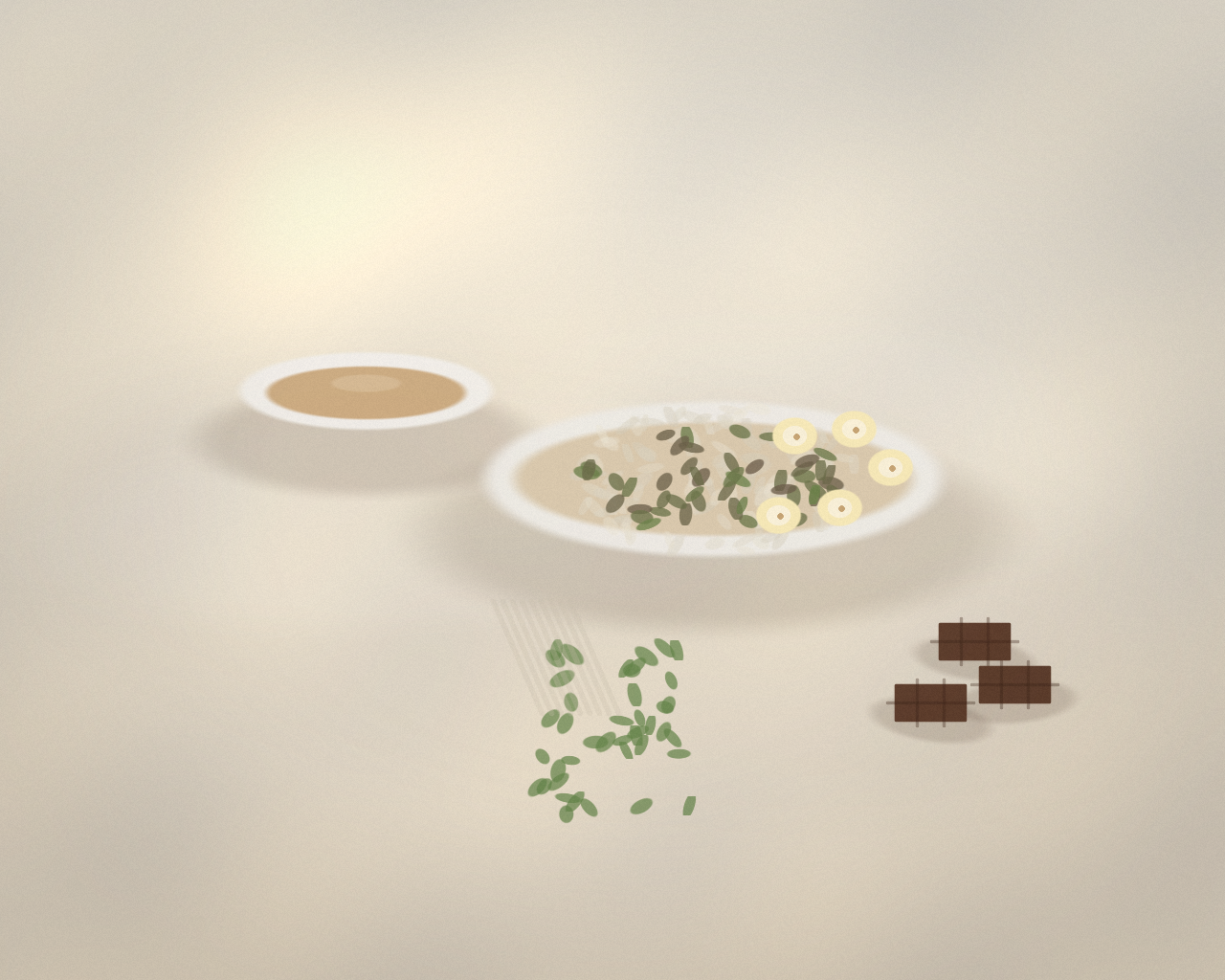 A pale breakfast still life with a bowl of oats topped with seeds and banana slices, a warm drink, and pieces of dark chocolate on linen.