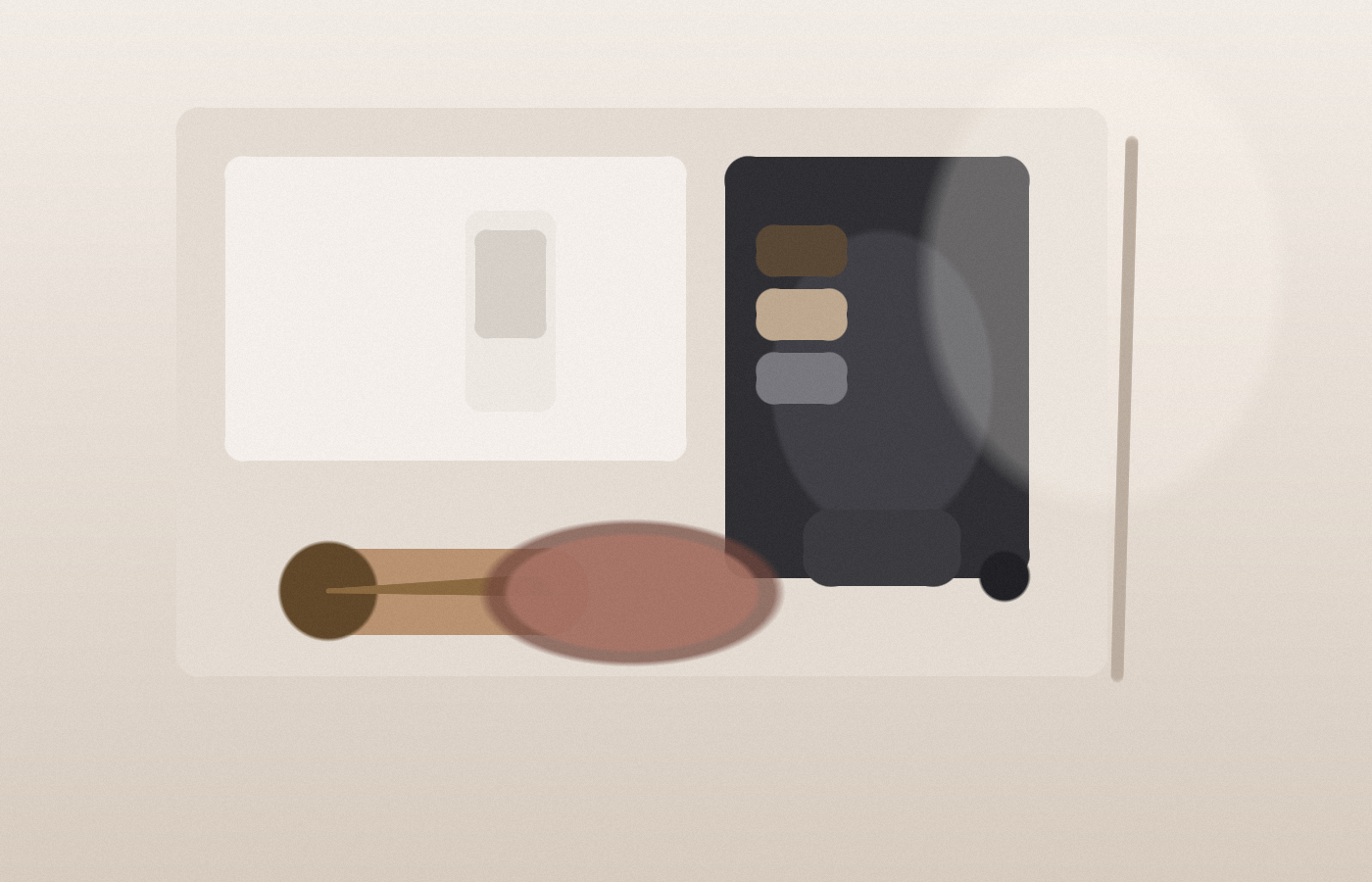 A stylized top-down still life of bob-length hair tools on a cream vanity tray, including a round brush, matte clips, a lightweight dryer, a silk scarf, and a small styling tube.