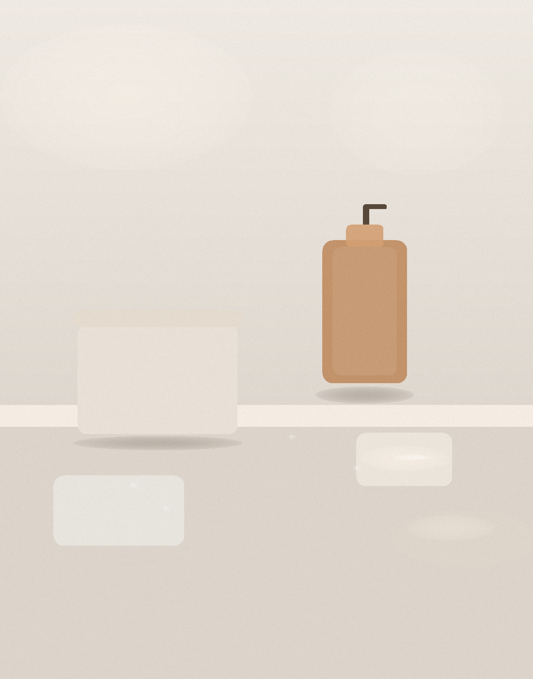 A pale bathroom counter with a large cream jar, an amber body-wash bottle, a folded towel, and a small dish of cream in soft daylight.