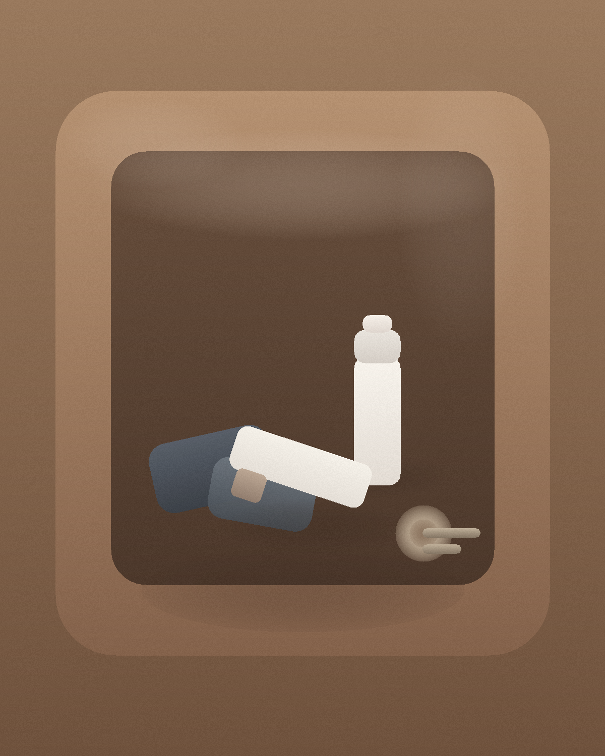 Editorial still life of a simple lip balm, a white ointment tube, gloves, and keys arranged inside an open camel coat pocket.