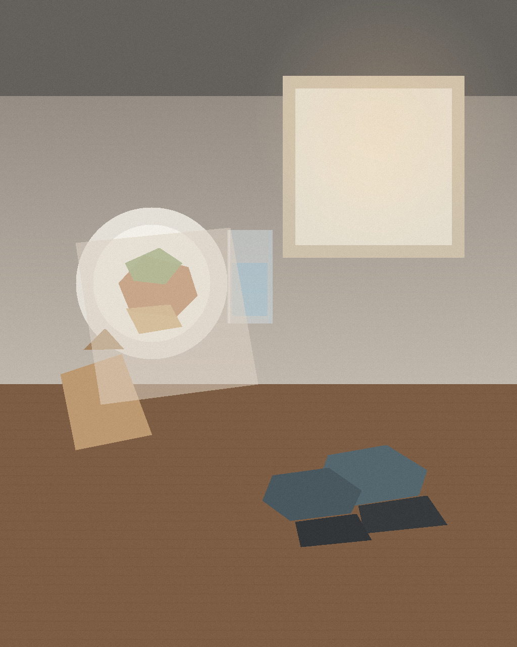 An illustrated still life shows a dinner plate, a glass of water, a paper takeout bag, and blue walking shoes near a softly lit window.