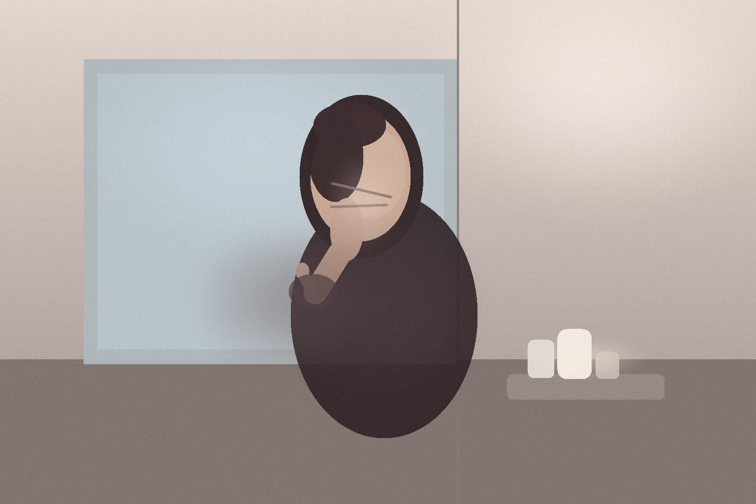 A softly lit young woman in a small bathroom at dusk touches her cheek while looking in the mirror, with her full face, hair, neck, and shoulders in frame.