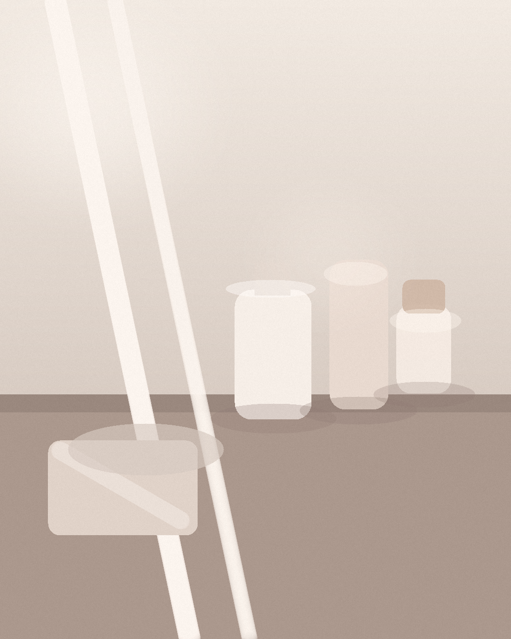 A warm still life of a simple skincare lineup on a bathroom counter, with a folded towel, a cream jar, a serum bottle, and a plain sunscreen tube in late-afternoon light.