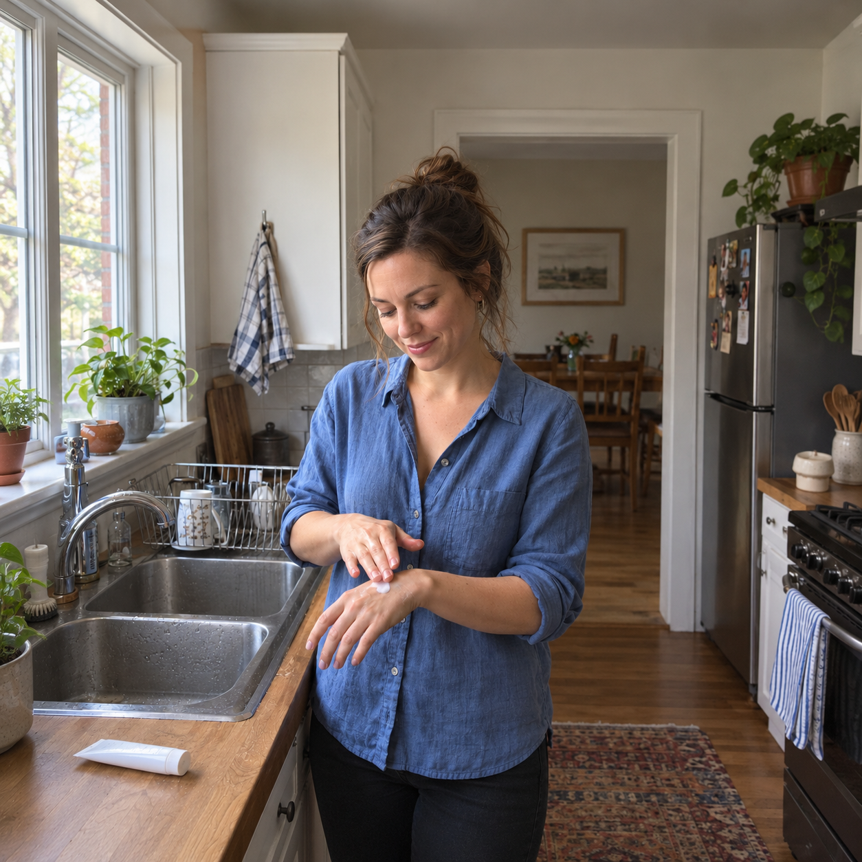 A woman in a blue shirt rubs hand cream onto the back of her hand beside her kitchen sink.