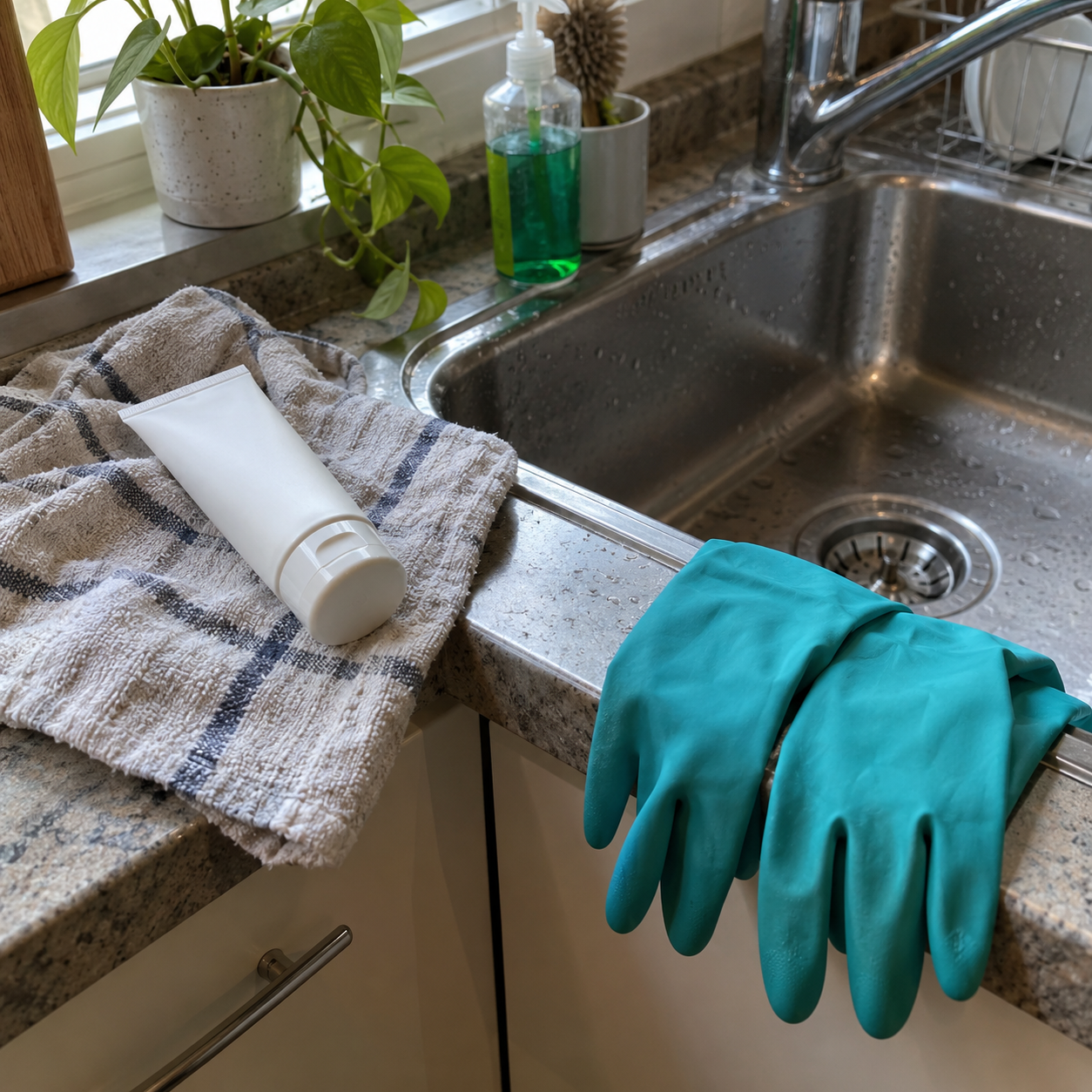 A plain hand-cream tube rests on a creased towel beside a kitchen sink, with teal washing-up gloves draped nearby.