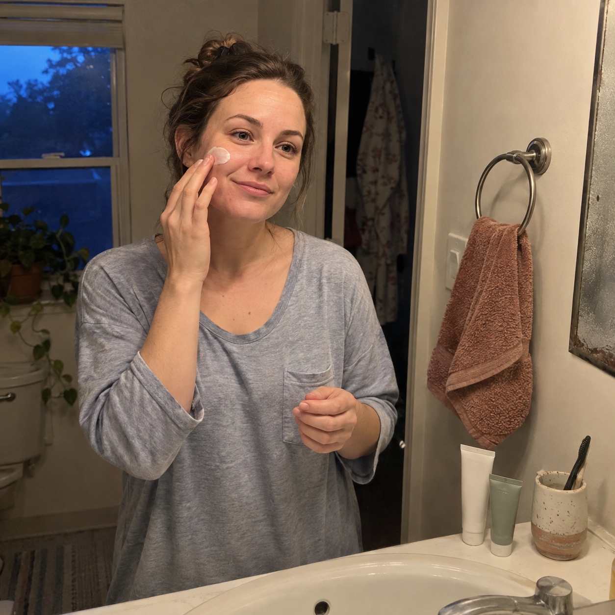 A woman with her hair loosely clipped up applies moisturizer to her cheek at her bathroom sink in the evening.