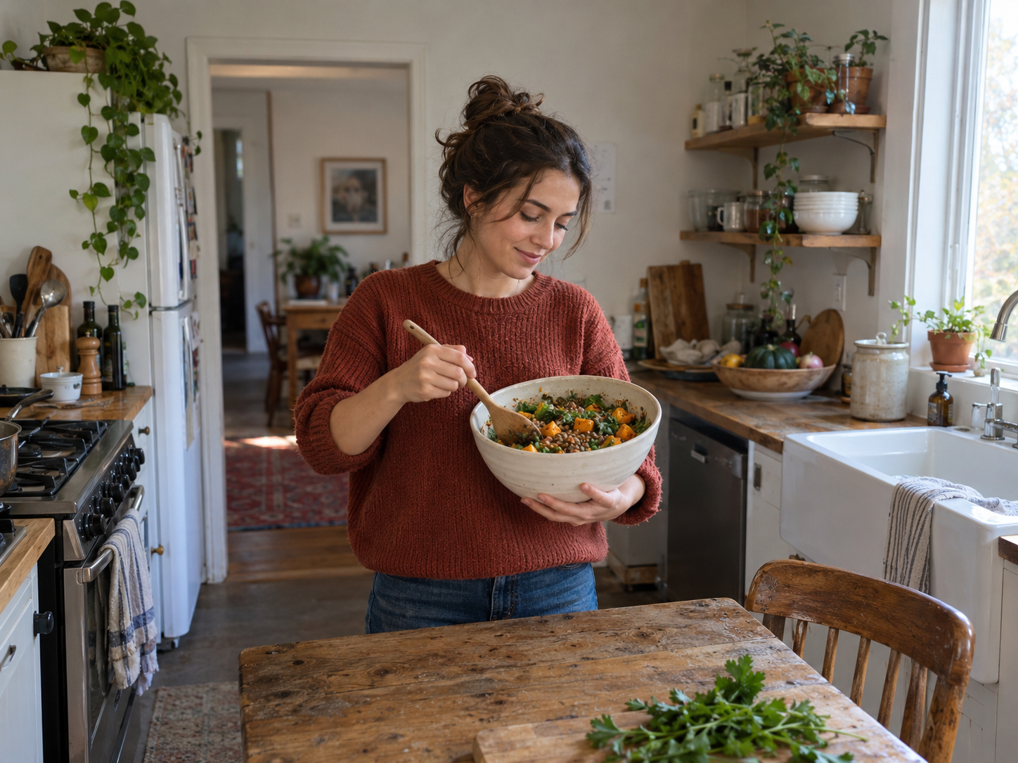 A woman in a rust sweater tosses a bowl of green lentils, roasted squash and parsley in her home kitchen.