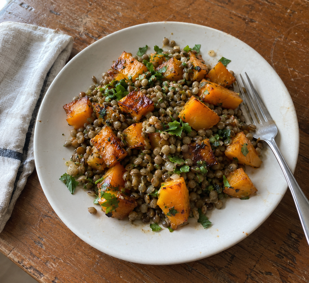 Whole green lentils and browned butternut squash cubes with parsley and mustard dressing on a pale ceramic plate.