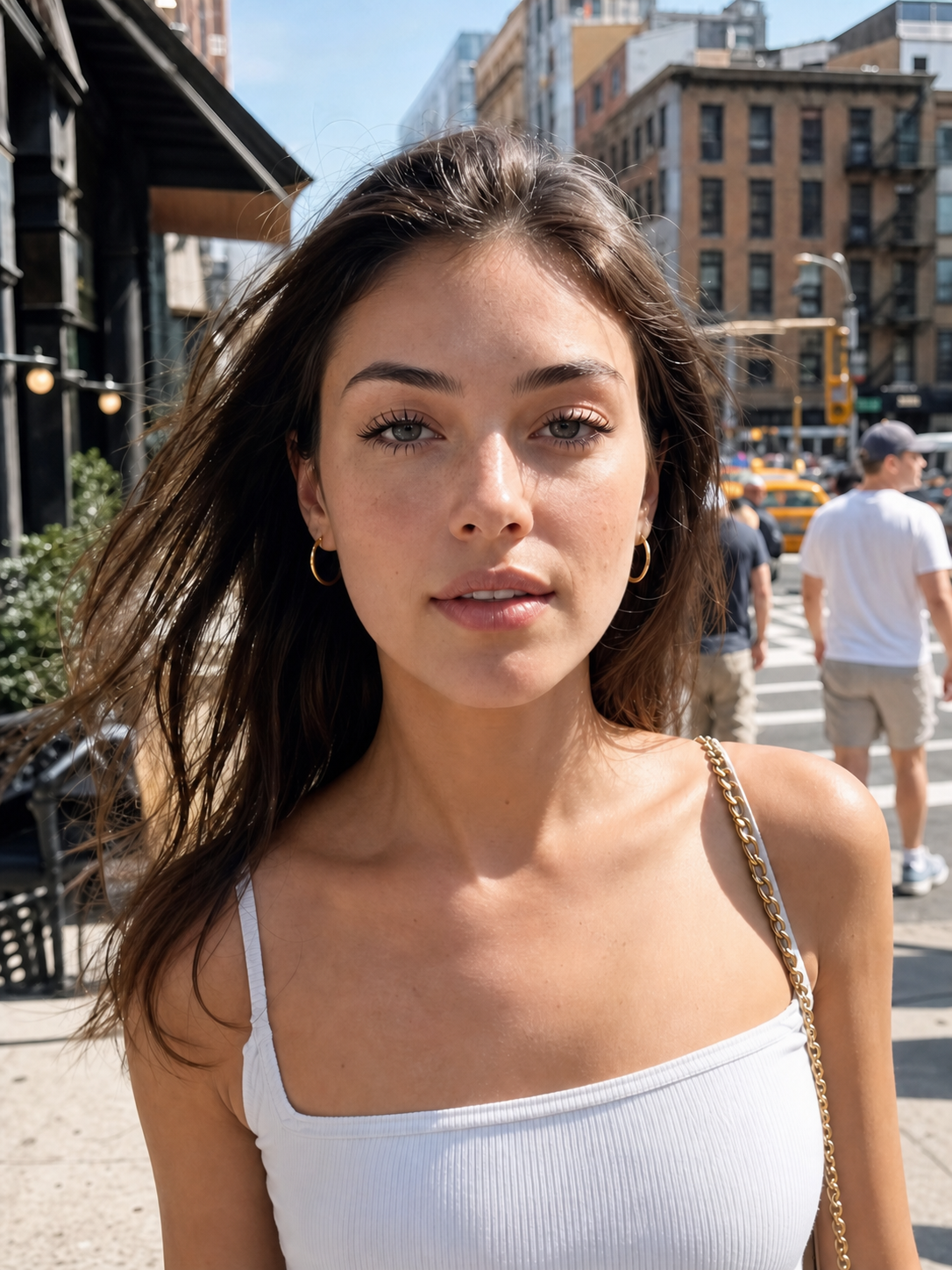 A candid city street portrait of a model walking toward the camera with natural skin and glossy wet-look lashes.