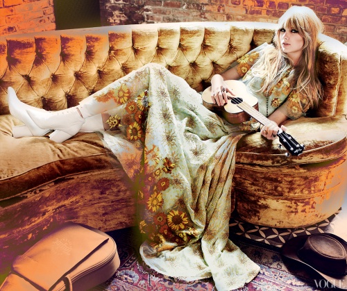 taylor swift vogue shoot Rodarte floral embroidered wool prairie coat (fall 2011) and marbled wool dress (fall 2009). Carlos Falchi