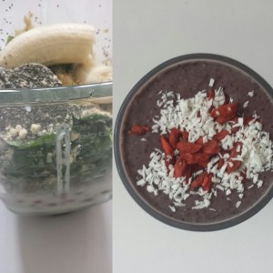 Perfect Protein Smoothie.  This changes all the time but I usually mix about 500mls of a non dairy milk (unsweetend almond is my fave) with a vegan protein powder, frozen berries, chia seeds, and banana. Top with delicious things such as coconut and goji berries. Perfect for post-workout or when you're feeling peckish. 